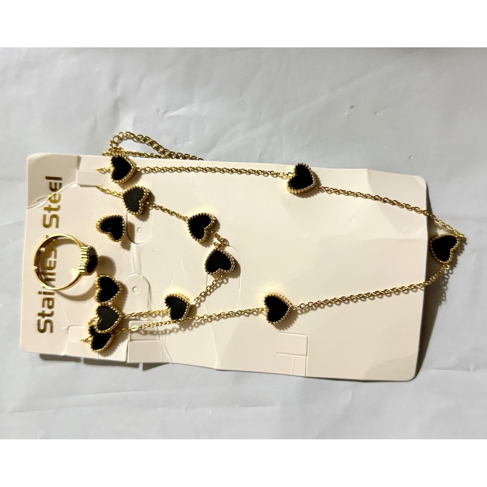 Gold & Black Stainless Steel Heart Charm Station Necklace Cable Chain Lobster